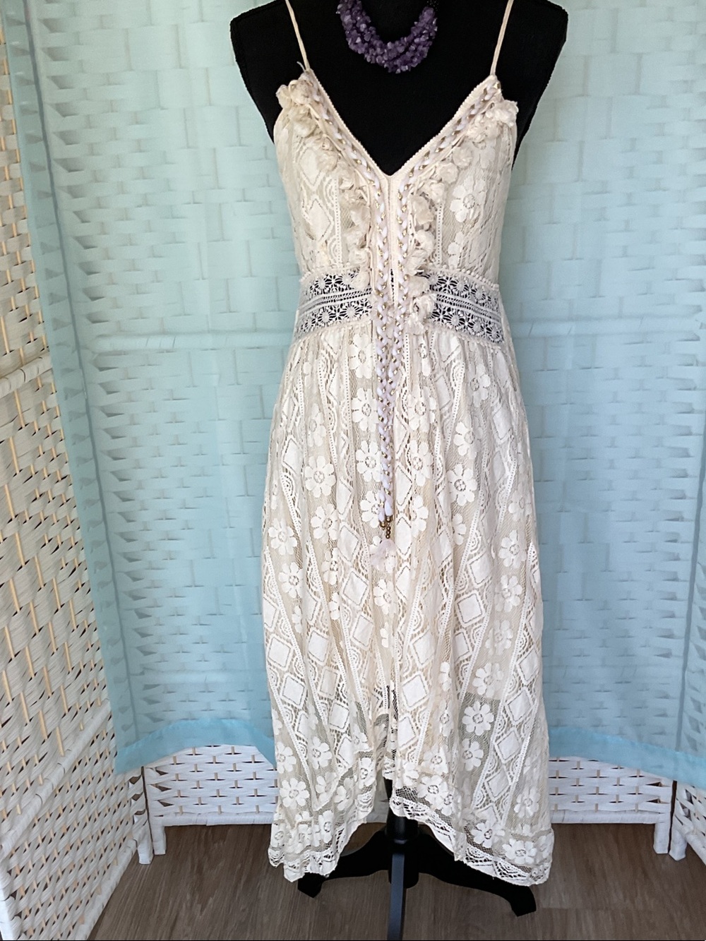 Ivory Lace Midi Dress with Floral Embroidery